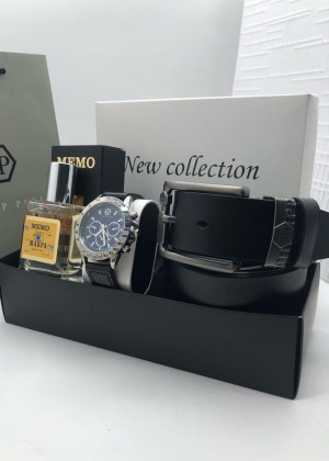 Подарочный набор для мужчины ремень, часы, духи + коробка 2129983